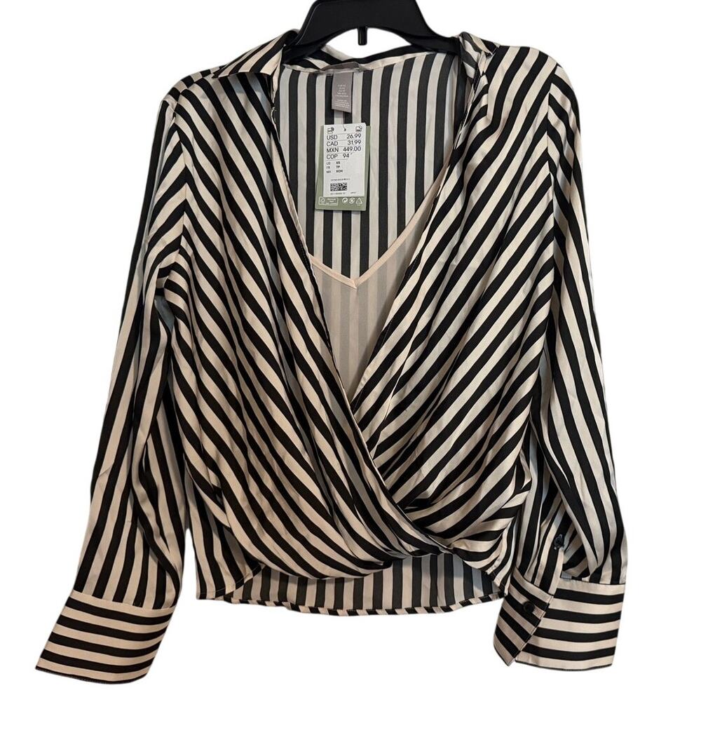 H&M Striped Satin Faux Wrap Blouse XS NWT Black Cream Surplice VNeck Long Sleeve
